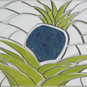 Blue pineapple with green fronds and white background.